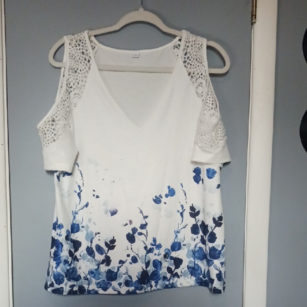 White and Blue Floral Women's Top